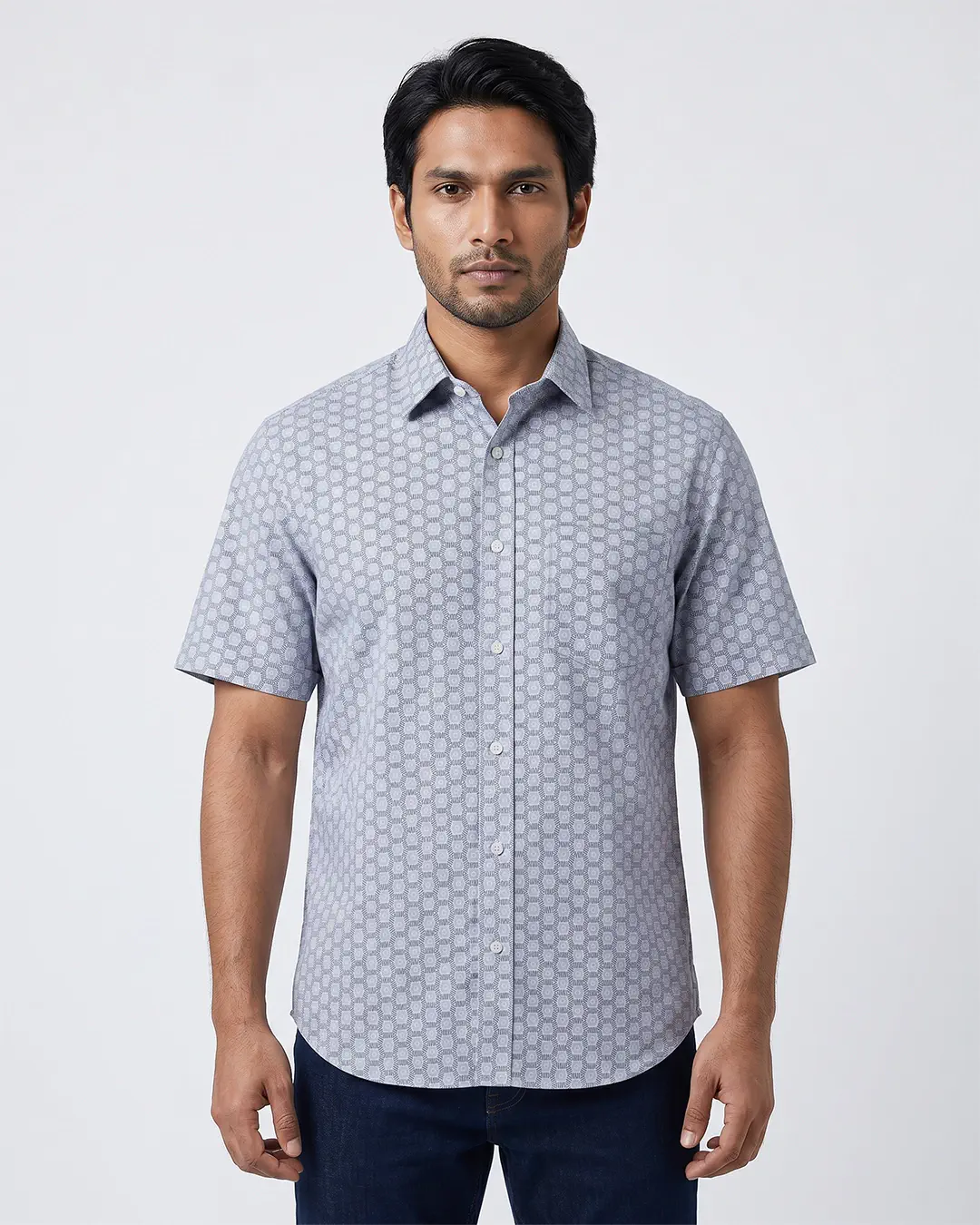 DEEN Grey Motif Casual Half Shirt