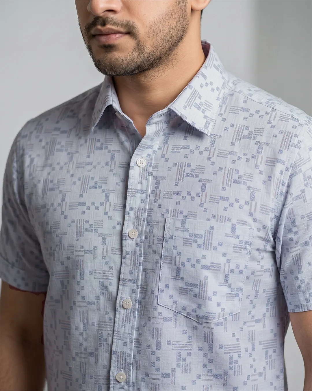 DEEN Light Grey Check Casual Half Shirt - Image 3