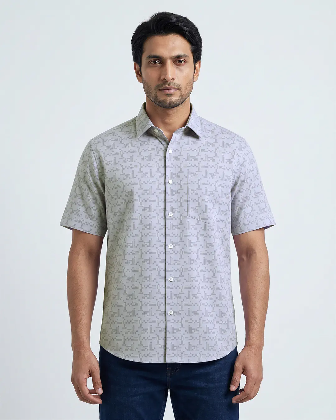 DEEN Light Grey Check Casual Half Shirt - Image 2