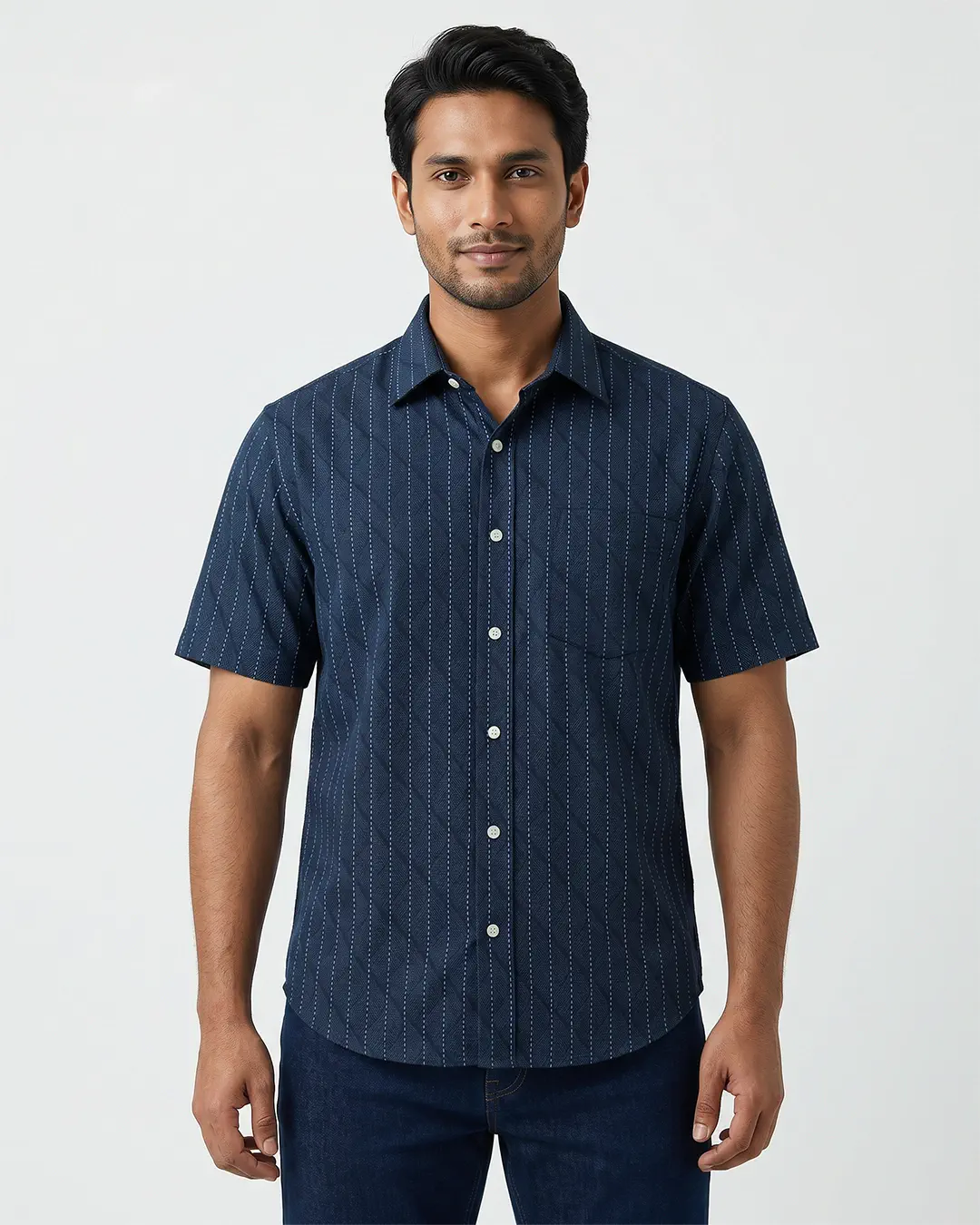 DEEN Navy Texture Casual Half Shirt - Image 3